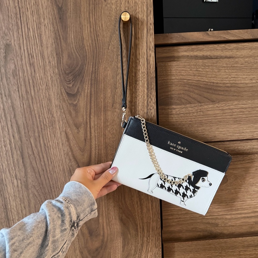 kate spade Fetch medium Black & White Dachshund Wristlet